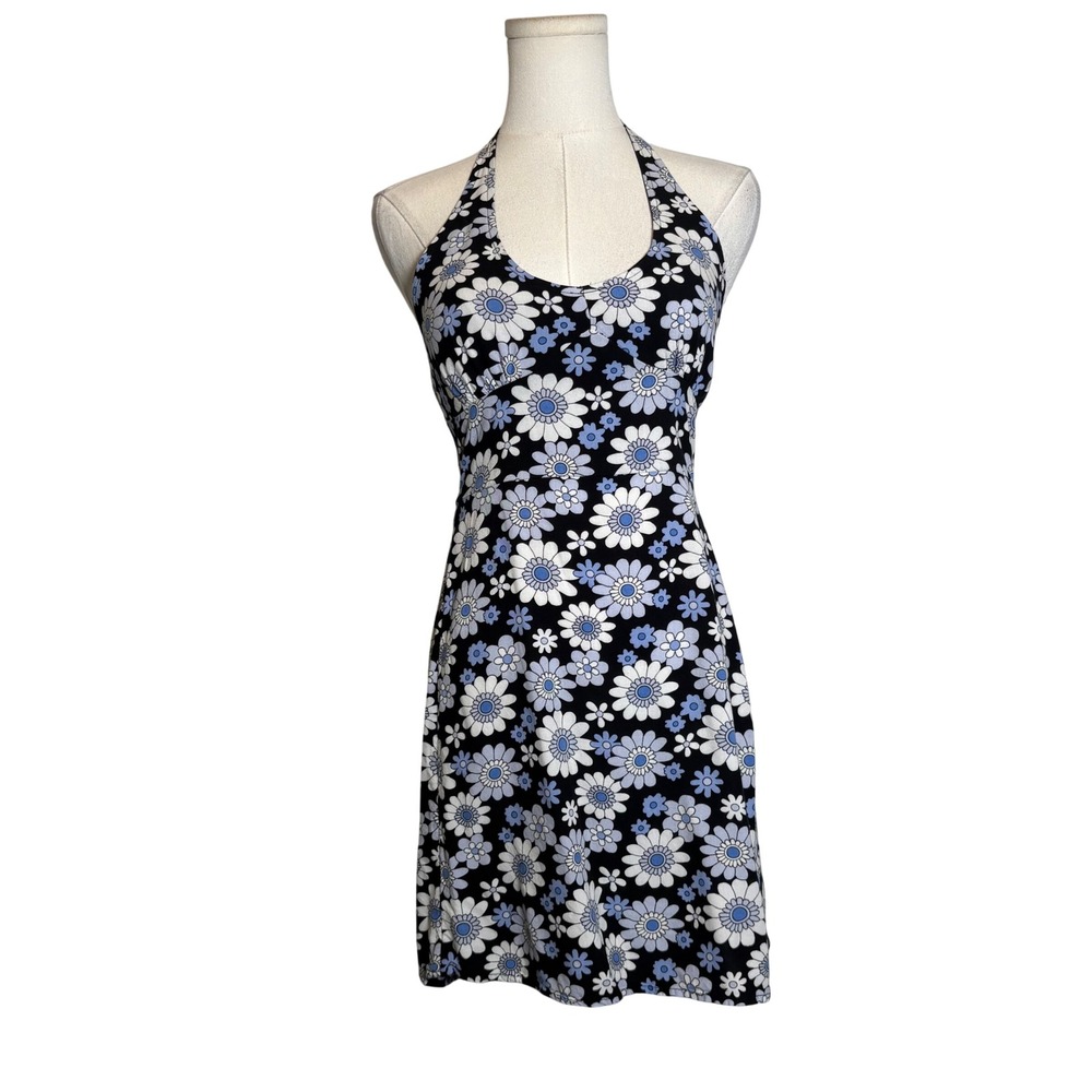 Hollister Daisy Floral Halter BLue White Mini Dress Black XS Retro Boho Y2K